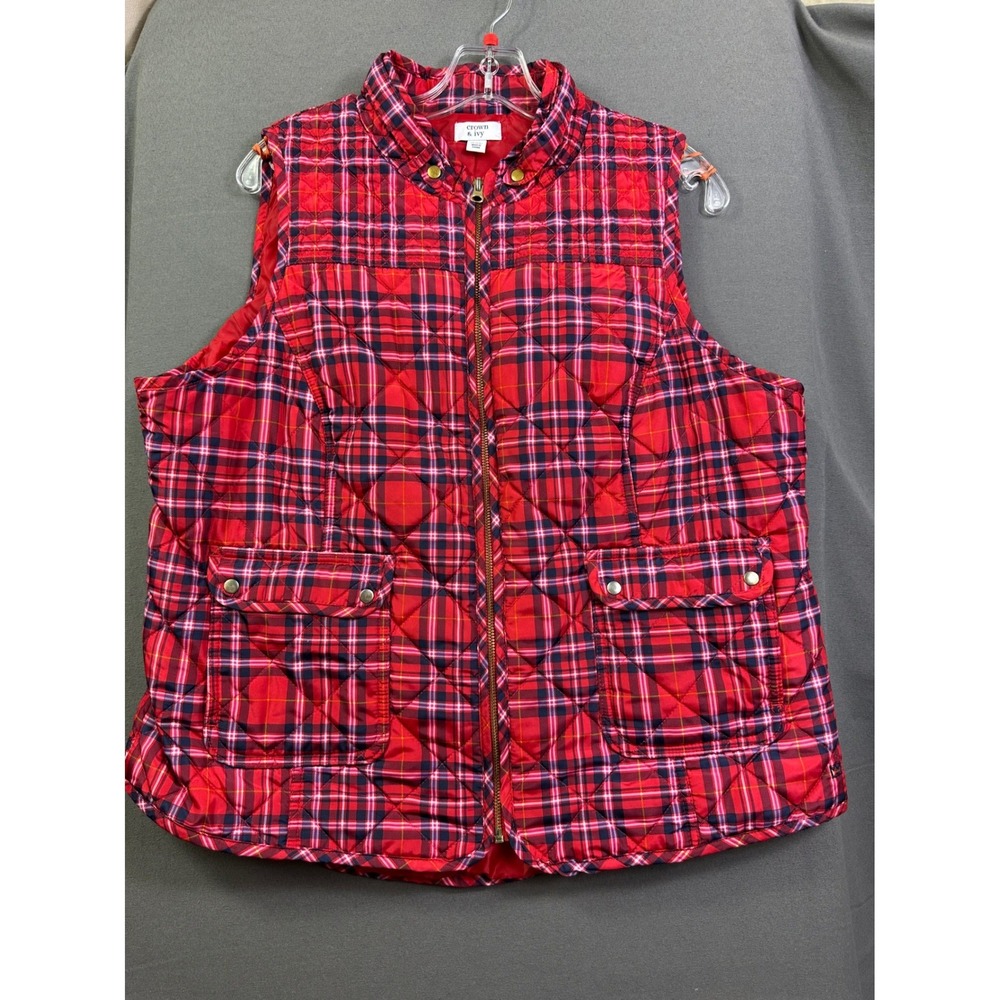Crown & Ivy Women's XXL Red Plaid Quilted Puffer Vest Full Zip Sleeveless Jacket